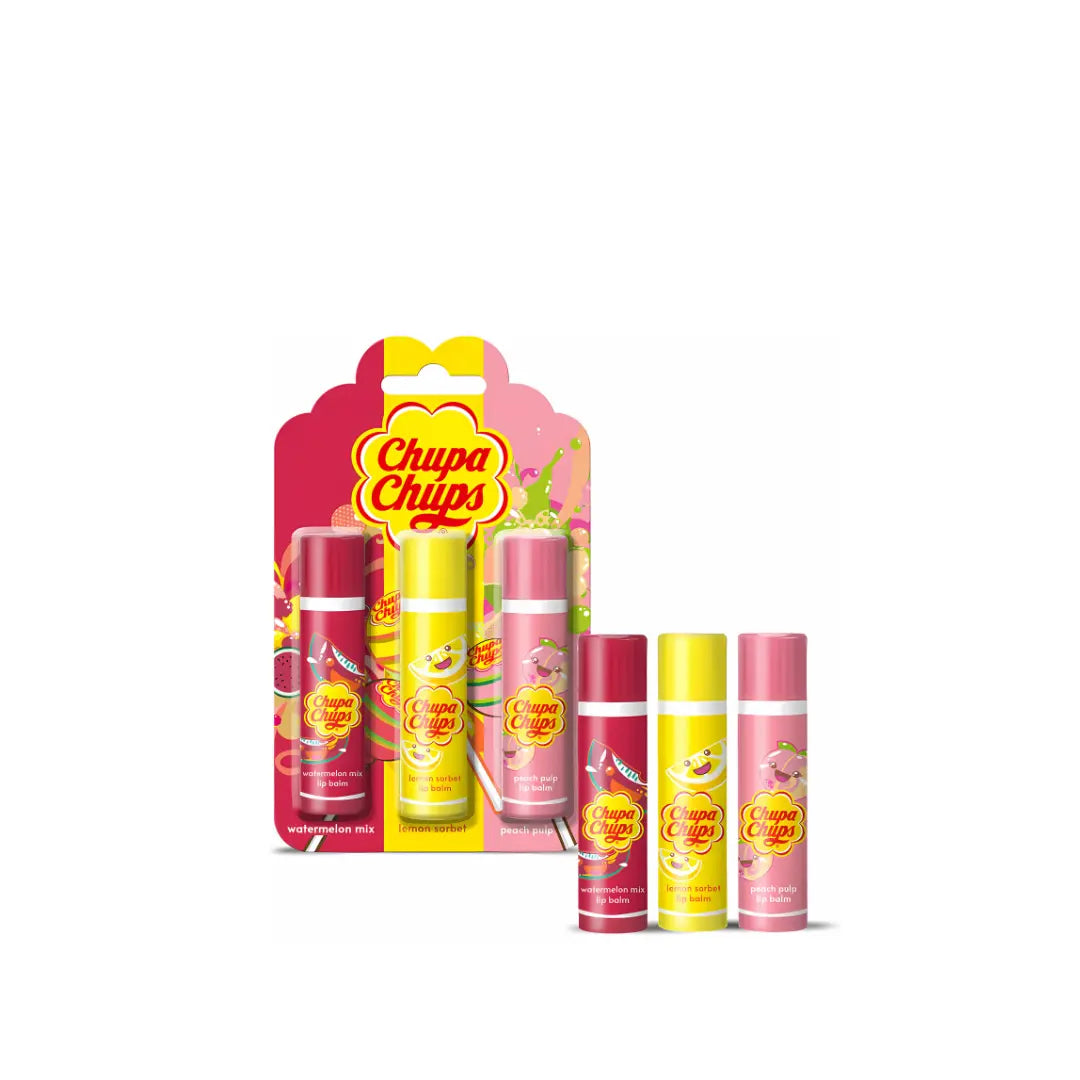Chupa Chups Lip Balm Collection - Watermelon Mix, Lemon Sorbet & Peach Pulp Corsair